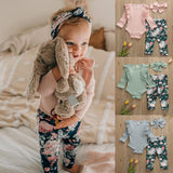 Baby Girl Solid Knitted Cotton Romper Tops Flower Print Set 2 Pcs