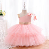 Kid Baby Girl Birthday Asymmetrical Shoulder Layers Tulle Cake Gown Dresses