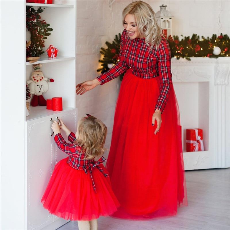 Family Matching Dresses Autumn Hot Bow Patchwork Tulle Christmas Dress
