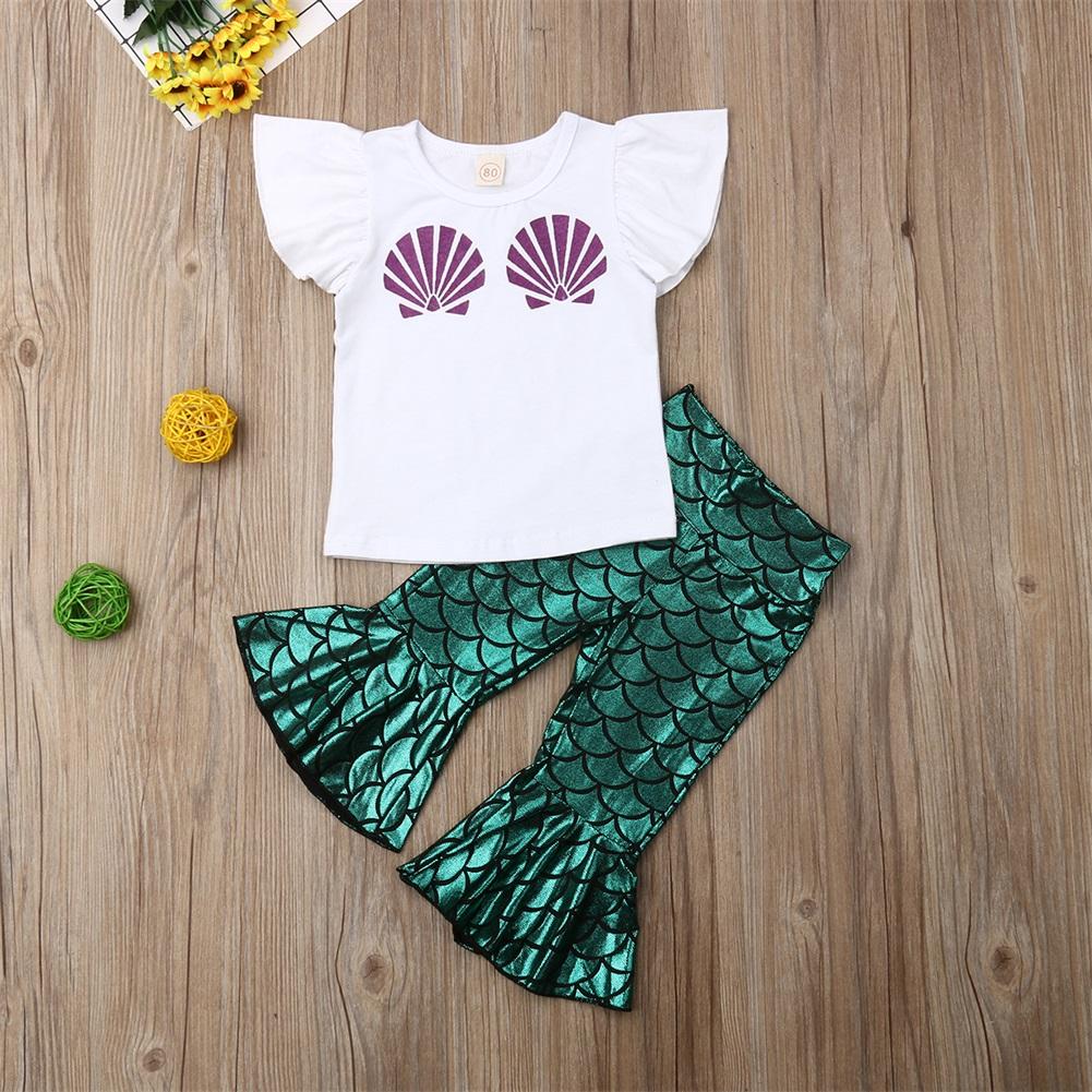 Baby Girls Shell T-shirt Top+Mermaid Leggings Outfits Cartoon Costume Clothing 2 pcs - honeylives