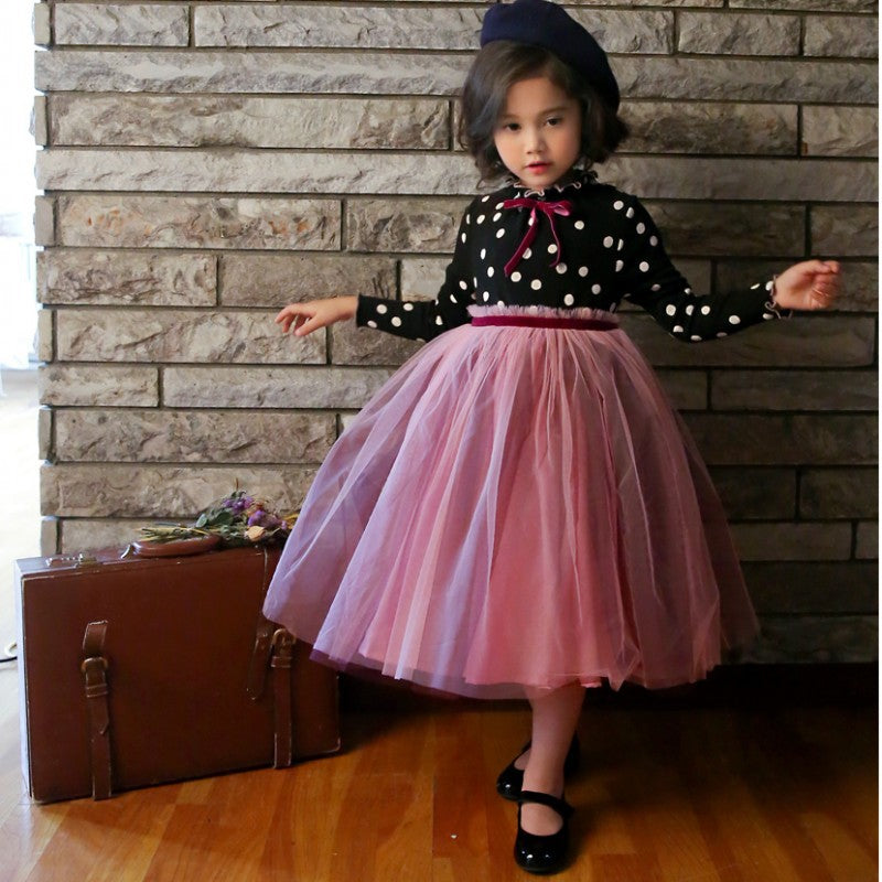Spring Kid Baby Girl Princess Long Sleeve Polka Dot Bow Dresses