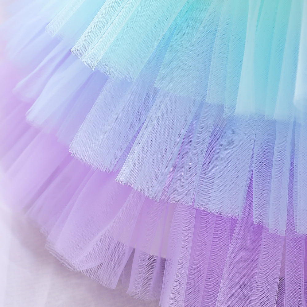 Kid Baby Girl Flower Layered Ball Gown Rainbow Princess Photography Dress