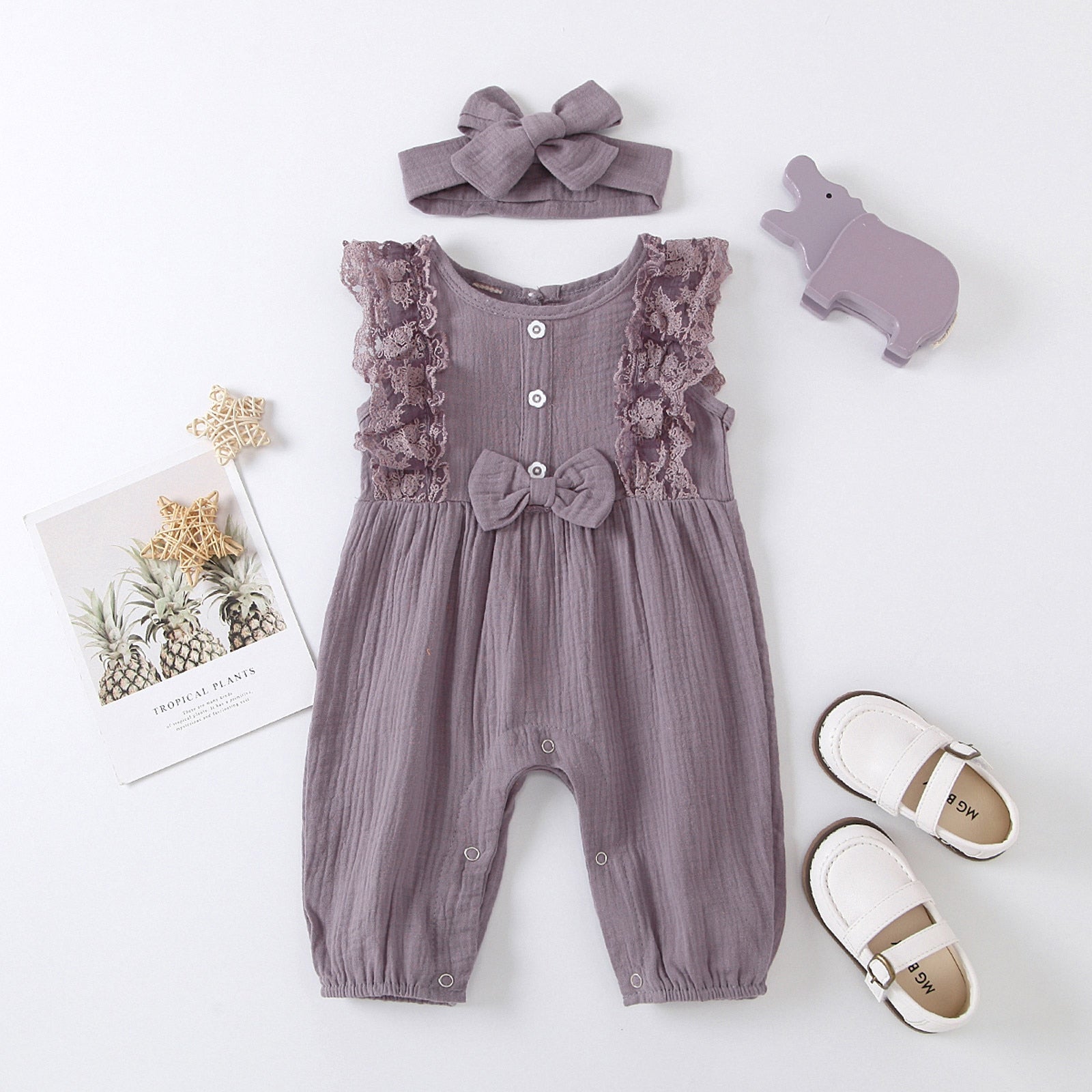 Baby Girl Cotton Linen Lace Bow Rompers +Headband