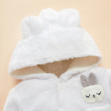 Baby Solid Fleece Rabbit Hooded Romper Jumpsuits