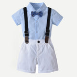 Baby Boys Birthday Formal Suit Gentleman Bowtie Set Short Sleeve Shirt Overall 2 Pcs - honeylives