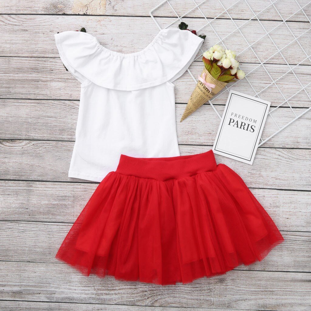 Summer Toddler Girls Off Shoulder Rose Embroidery Tops+Solid Tulle Skirts Outfits - honeylives