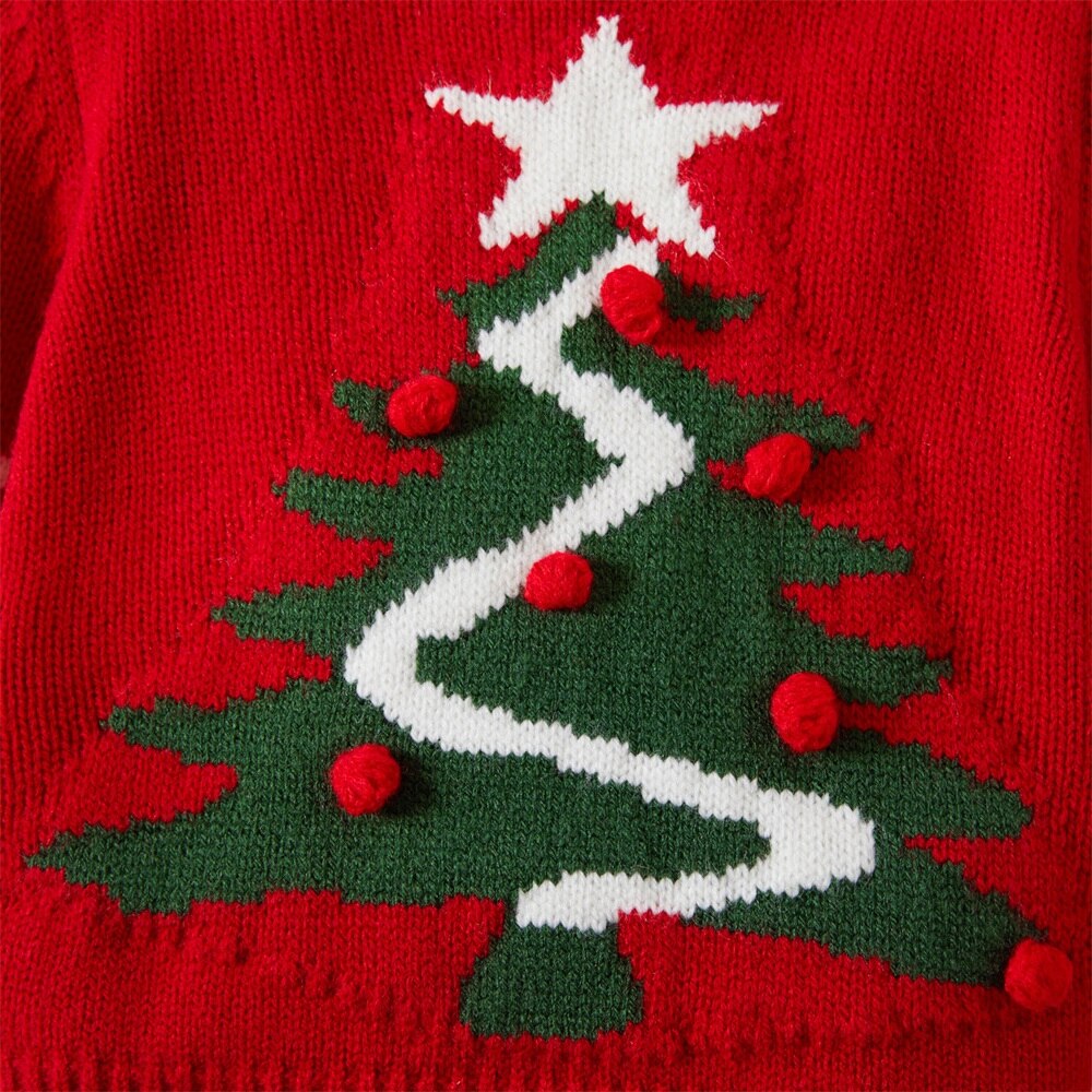 Baby Girl/Boy Red Christmas Tree and Star Print Long Sleeve Knit Sweater Coats