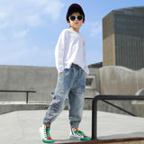 Kid Boys Pure Cotton Washed Letters Jeans Pants