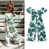 Kids Girl Off-shoulder Printed Green Leaf Jumpsuit Set