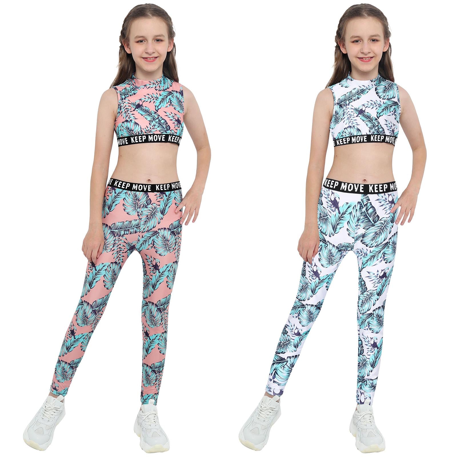 Kid Girl Print Stand Collar Sleeveless Tank Top Elastic Waistband Pants Set