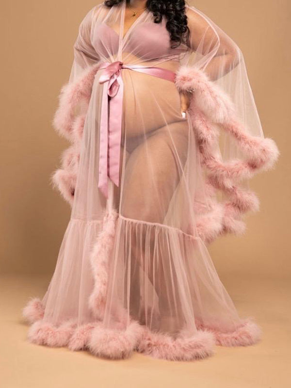 Maternity Pink Tulle Robe Fur Photo Maxi Dress