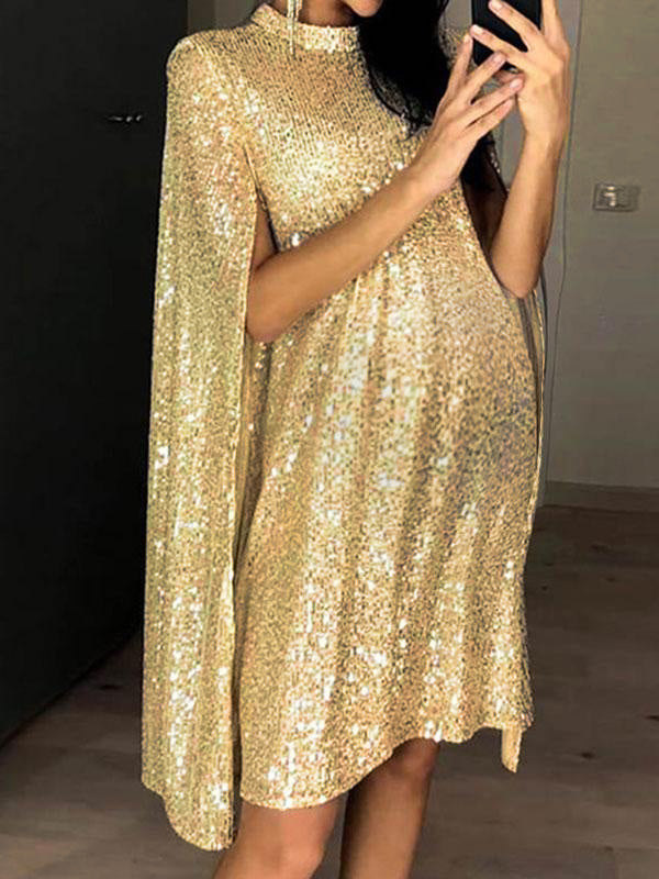 Maternity Sequin Cape High Neck Sleeveless Sparkly Cocktail Mini Dress