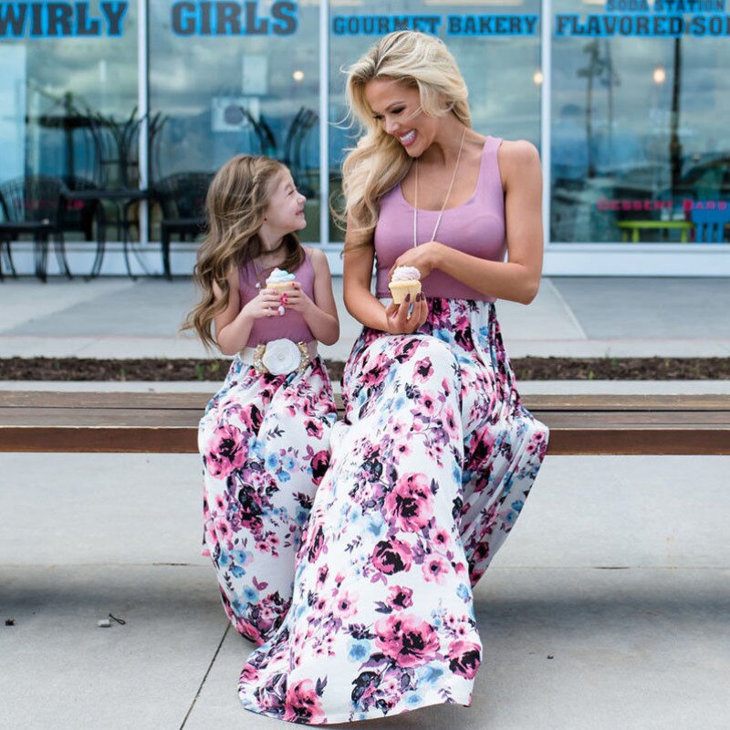 Family Matching Clothes Summer Sleeveless Floral Long Dress