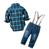 Baby Boy Denim Plaid Gentleman Bib Jeans 2Pcs/Set