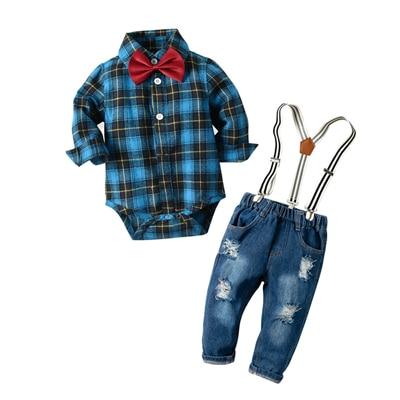 Baby Boy Denim Plaid Gentleman Bib Jeans 2Pcs/Set