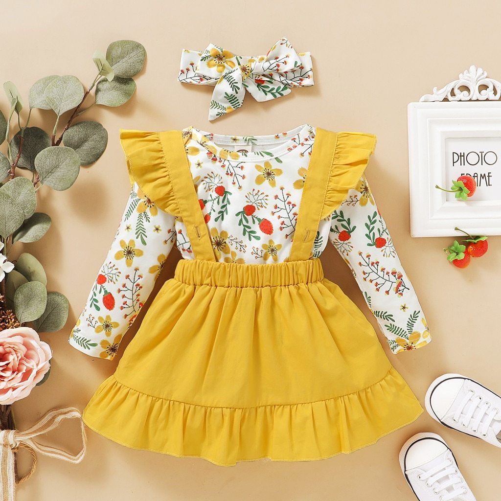 Baby Girls Dress Autumn Long Sleeve Floral Print 2 Pcs Set