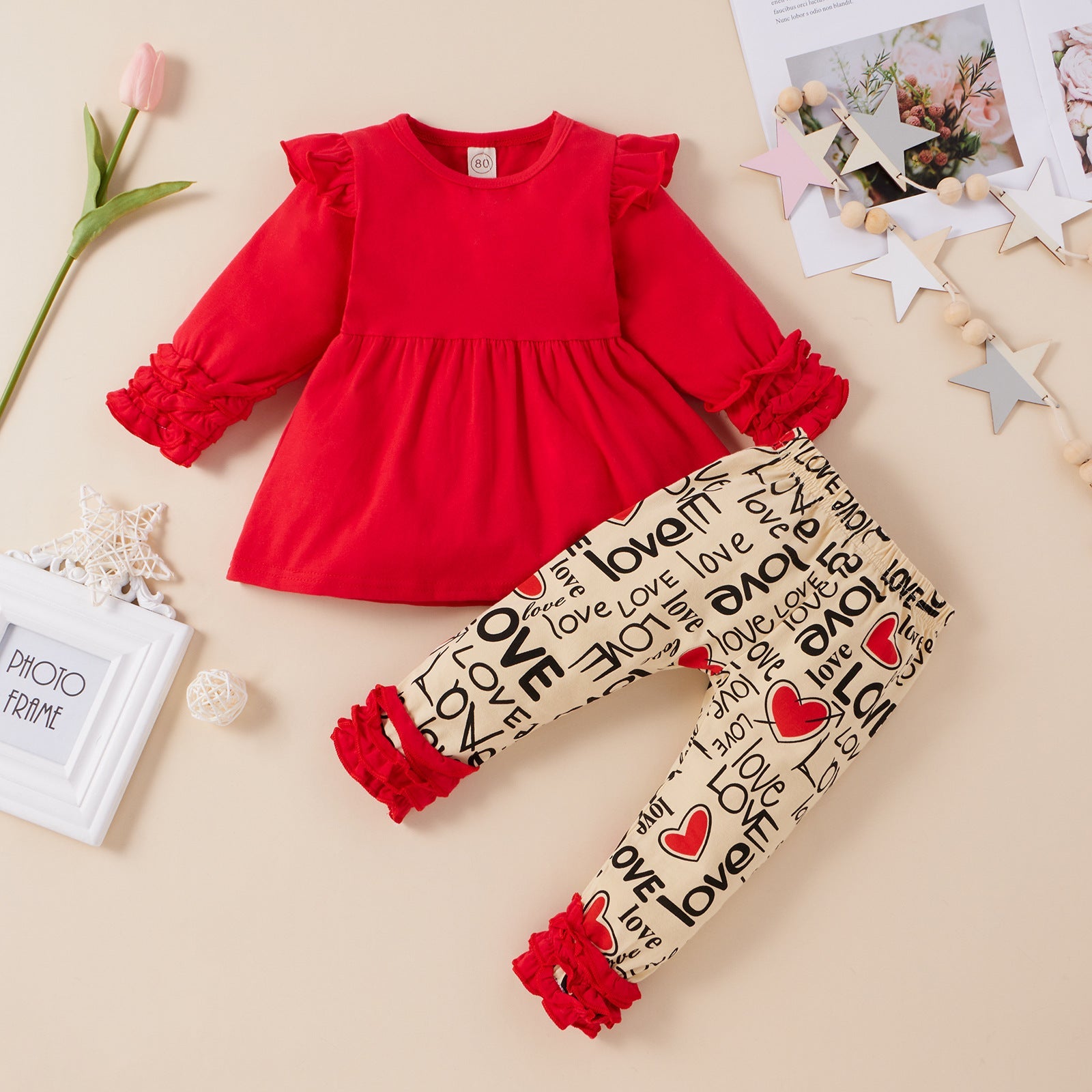 Baby Kid Girl Suit Valentine's Day Letter Heart Lace 2 Pcs Sets
