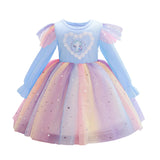 Spring Long Sleeve Unicorn Birthday Kid Girl Rainbow Sequins Princess Dress