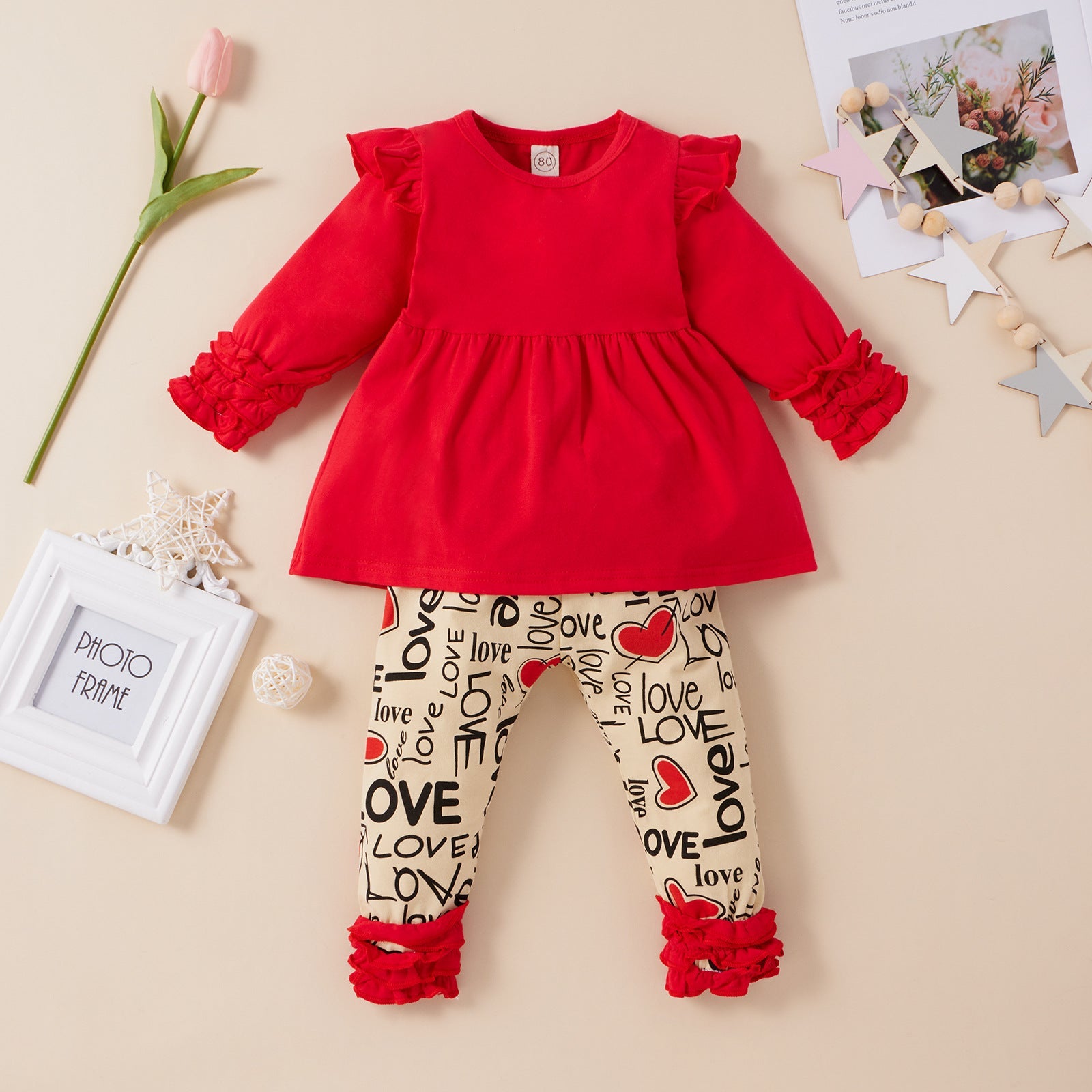 Baby Kid Girl Suit Valentine's Day Letter Heart Lace 2 Pcs Sets