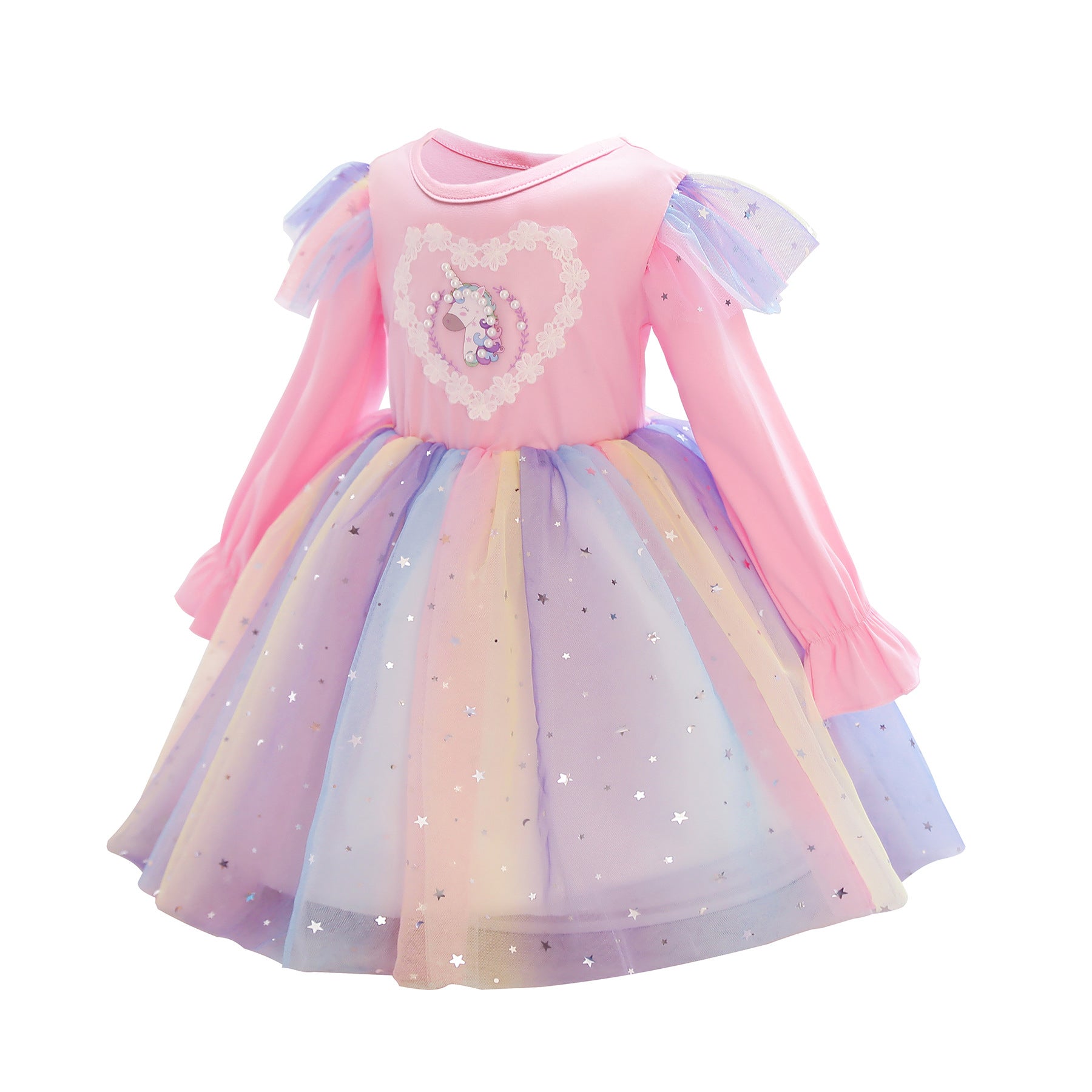 Spring Long Sleeve Unicorn Birthday Kid Girl Rainbow Sequins Princess Dress