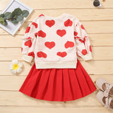Kid Baby Girl Valentine's Day Spring Heart Printed Pleated Sets 2 Pcs