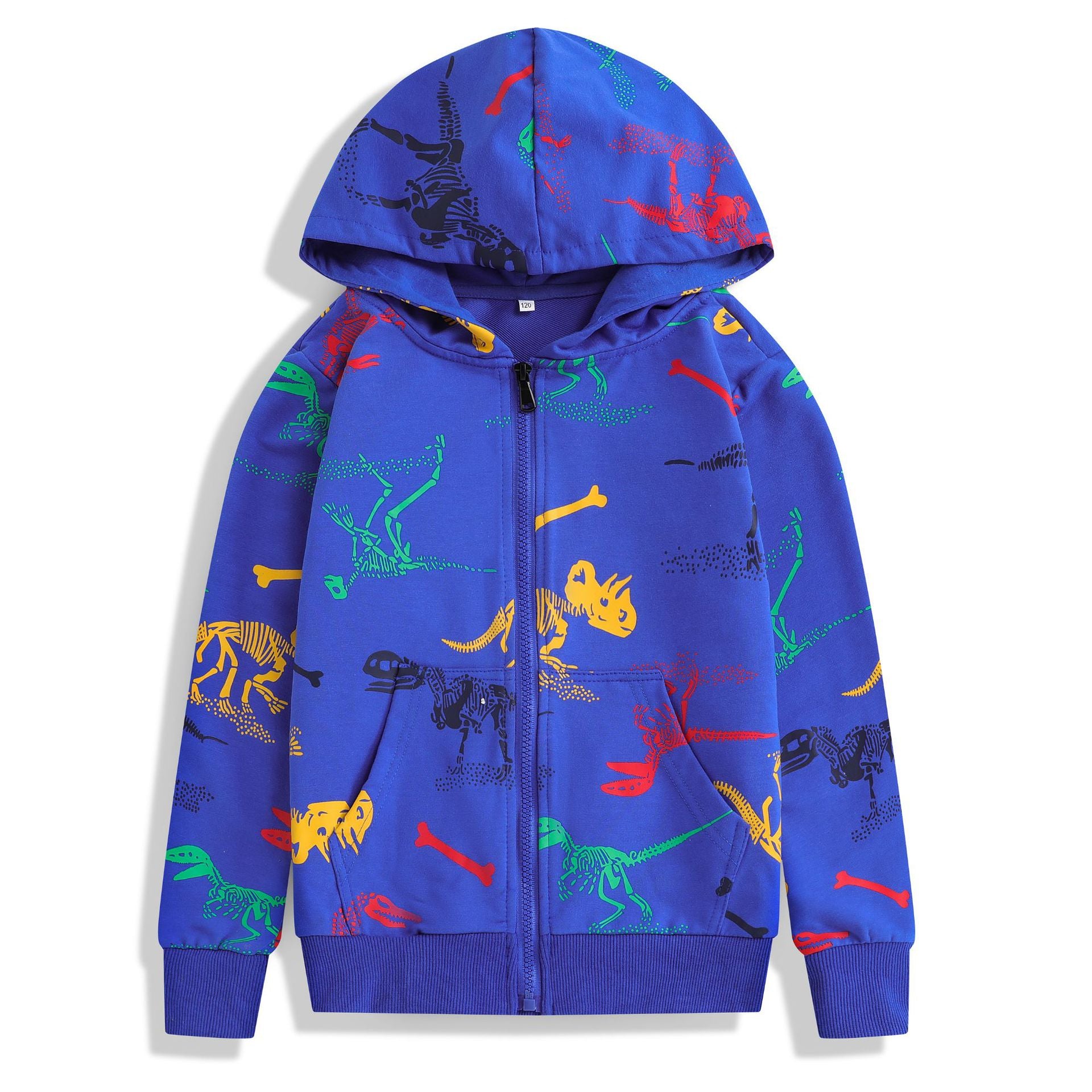 New Style Boys' Spring and Autumn Coat Casual Dinosaur Print Fashion Hooded Zippered Sweater