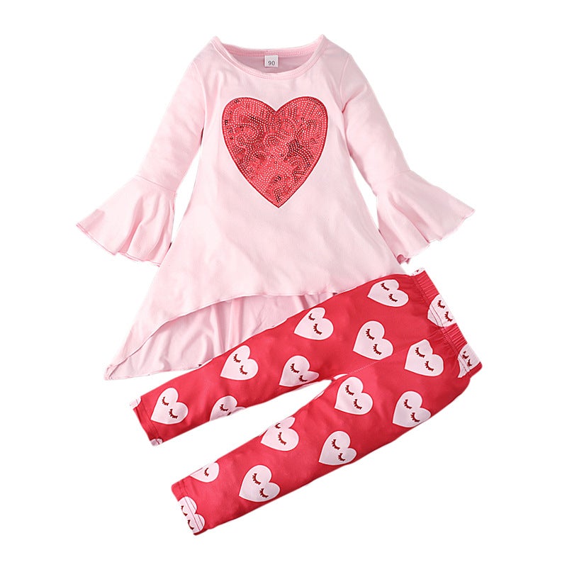 Kid Baby Girls Valentine's Day Love Pink Trumpet Sleeve 2 Pcs Sets