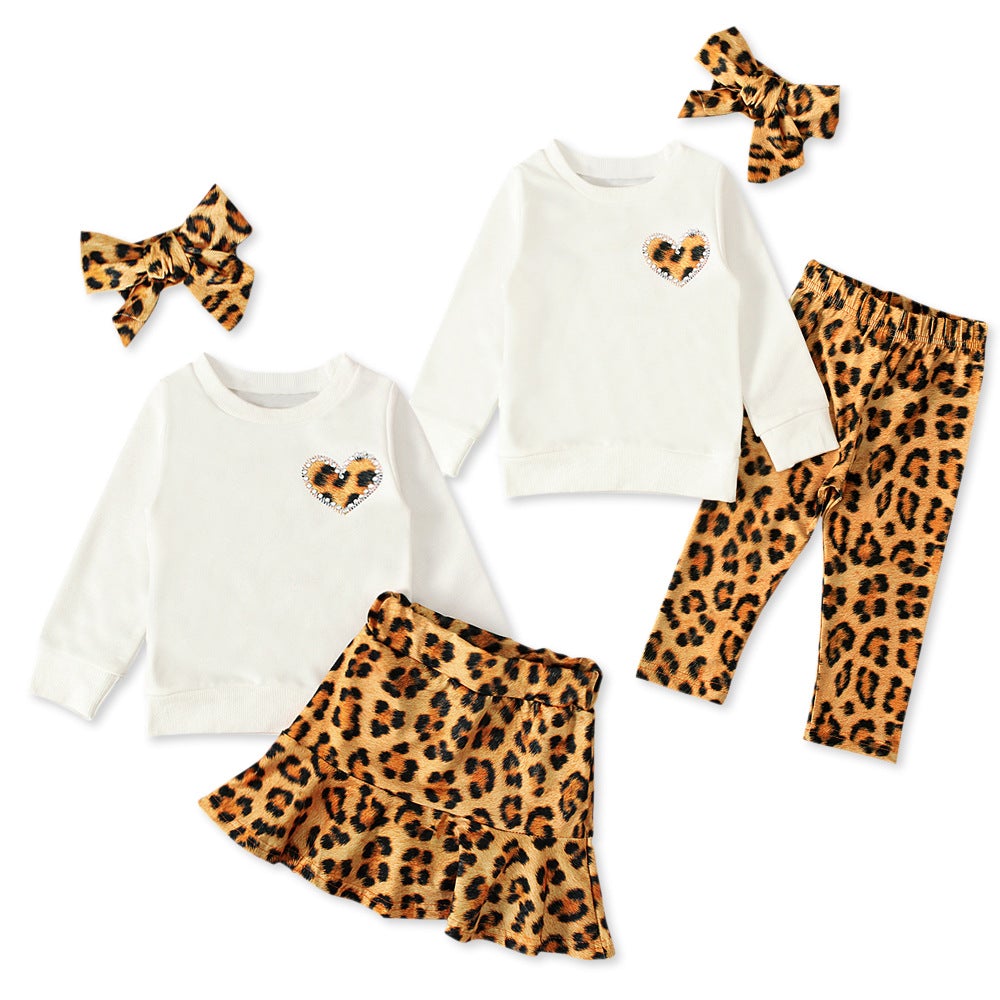 Baby Girls Valentine's Day Long Sleeve Love Leopard Print 3 Pcs Sets