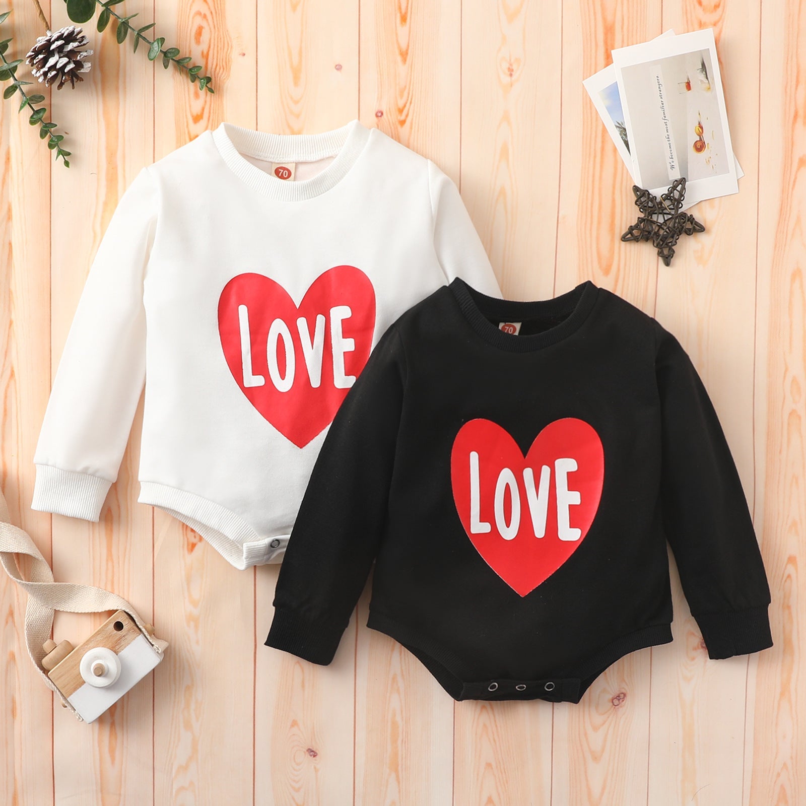 Baby Girl Valentine's Day Long Sleeve Solid Color Love Printed Rompers