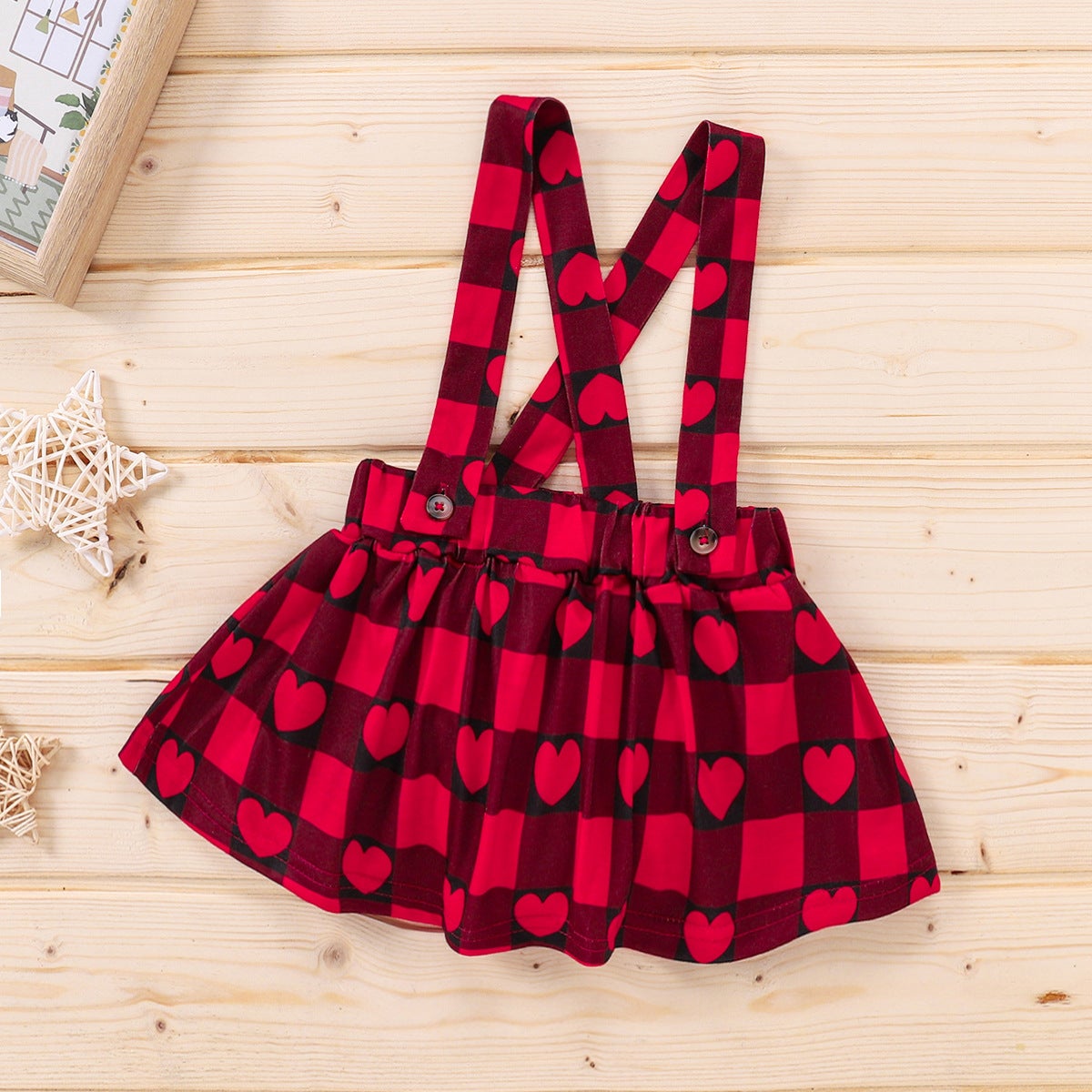 Baby Kid Girls Valentine's Day Check Suit Red Heart Short Sleeve 2 Pcs Sets