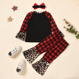 Kid Baby Girls Suit Valentine's Day Leopard Print Plaid Love 3 Pcs Sets