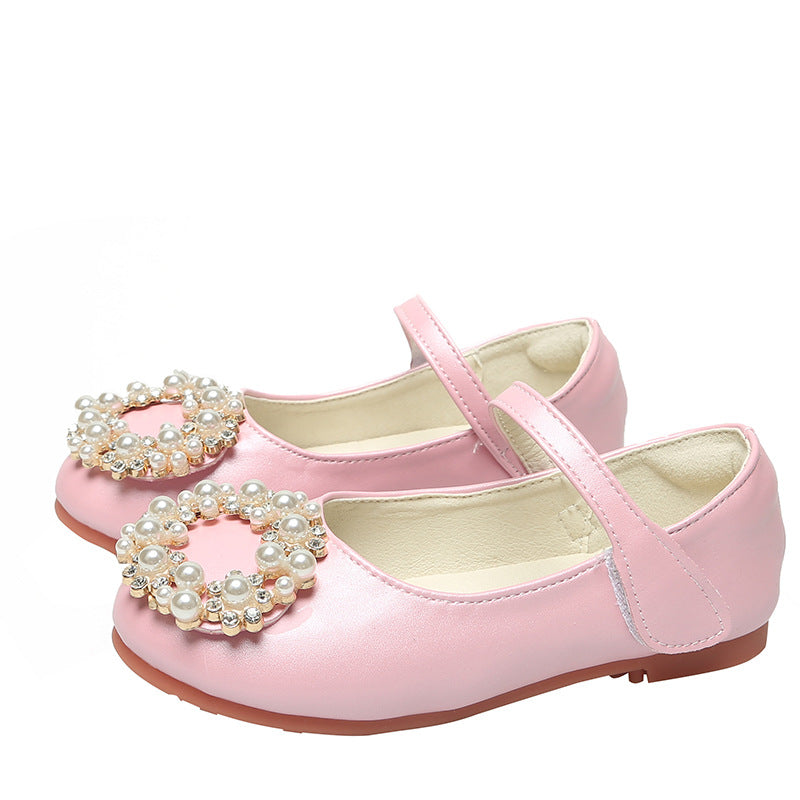Kid Girl Pearl Flower Girl Flat Leather Shoes Princess Shoes