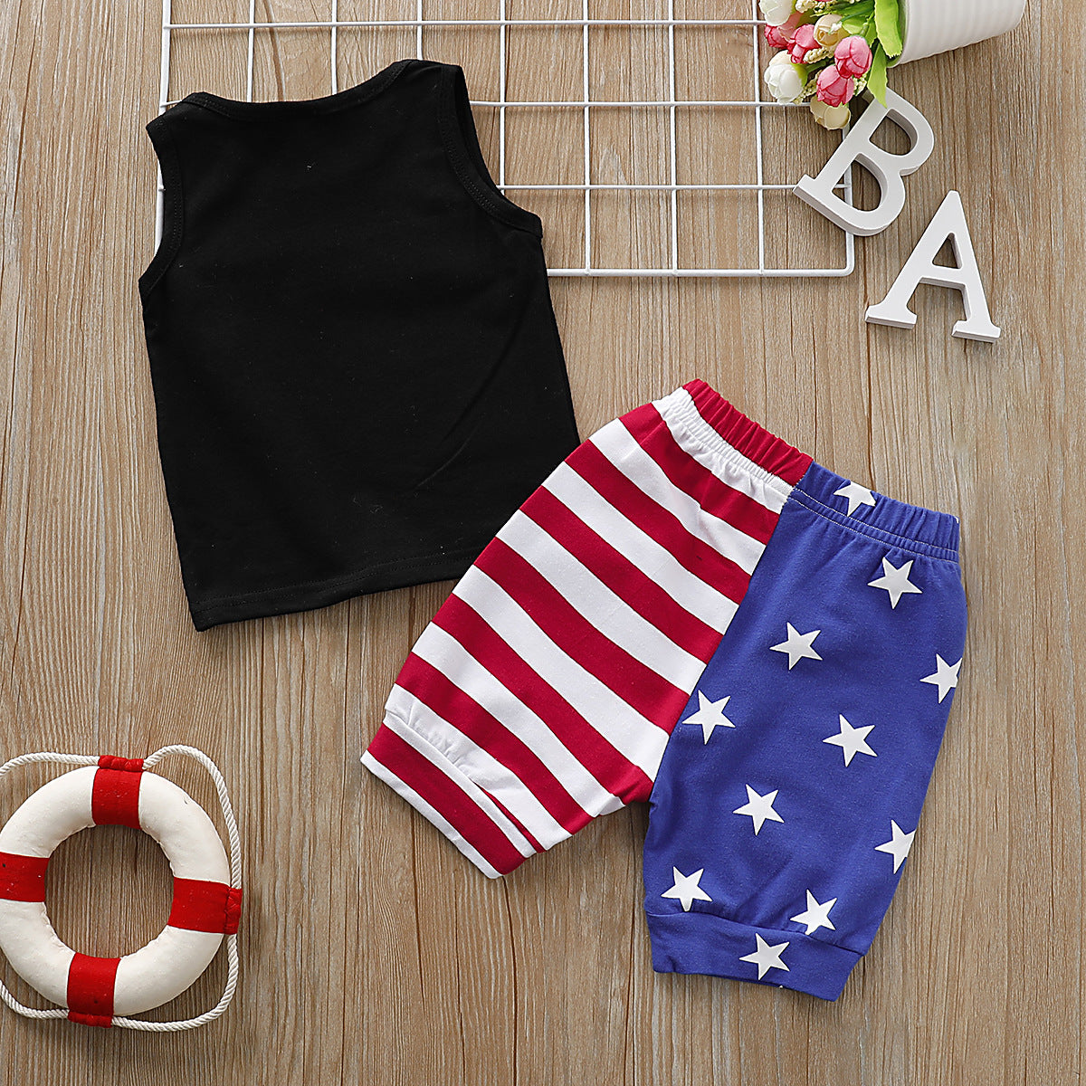 Independence Day Baby Boy Sleeveless Letter Print Star Print Sets 2 Pcs