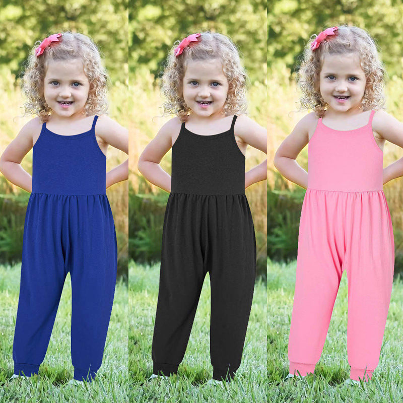 Kids Baby Girls Summer Solid Color Strap Jumpsuit Pants
