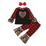 Kid Baby Girls Suit Valentine's Day Leopard Print Plaid Love 3 Pcs Sets