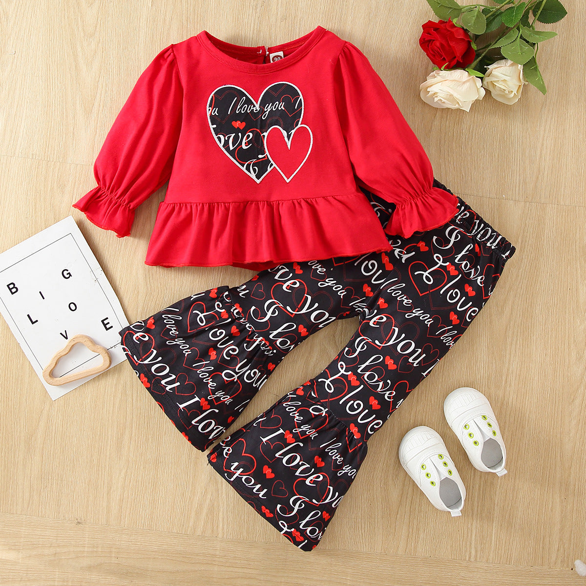 Kid Baby Girl Letters Printed Bell Bottoms Valentine 2 Pcs Sets