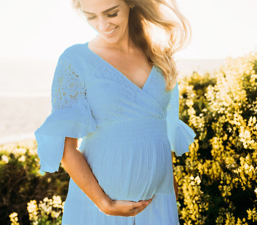 Maternity Long Sleeve Lace Floral Gown Maxi Photography Dress