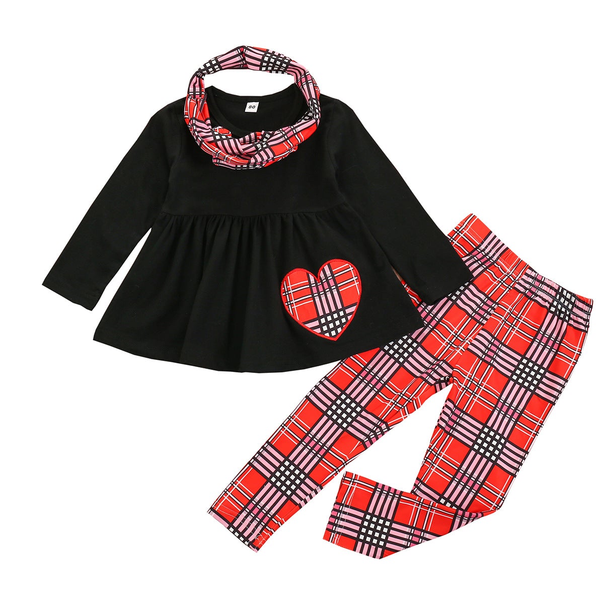Baby Kid Girl Valentine Love Long-sleeve Plaid Suit 2 Pcs Sets