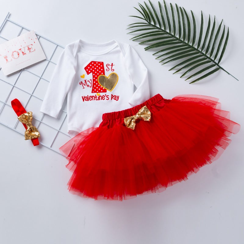 Baby Girl Birthday Valentine Outfit Lovely Embroidered Letters 2 Pcs Sets