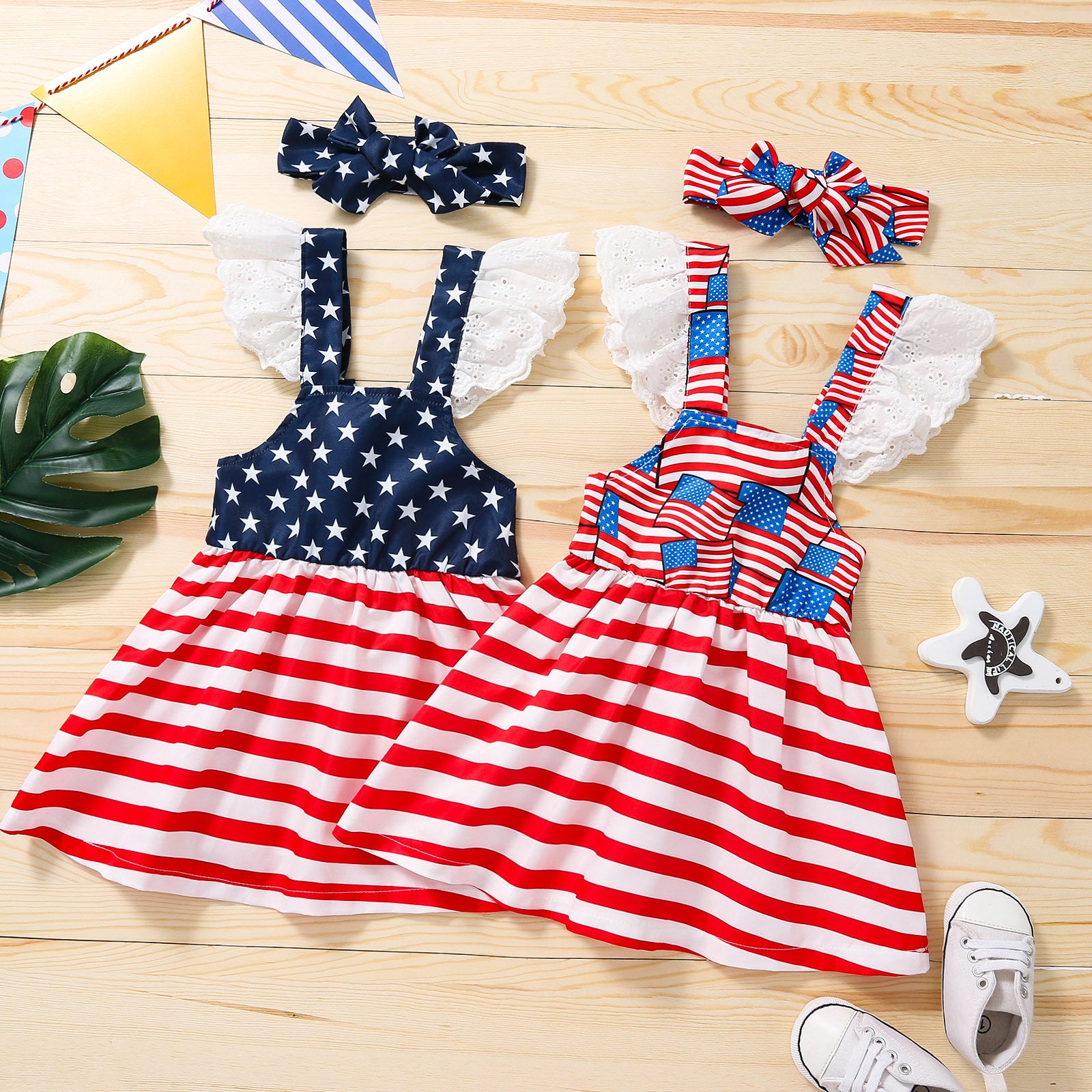 Baby Girls 4th-of-July Independence Day Bowknot Denim Striped Dress
