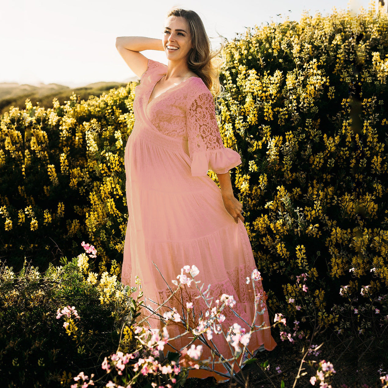 Maternity Long Sleeve Lace Floral Gown Maxi Photography Dress