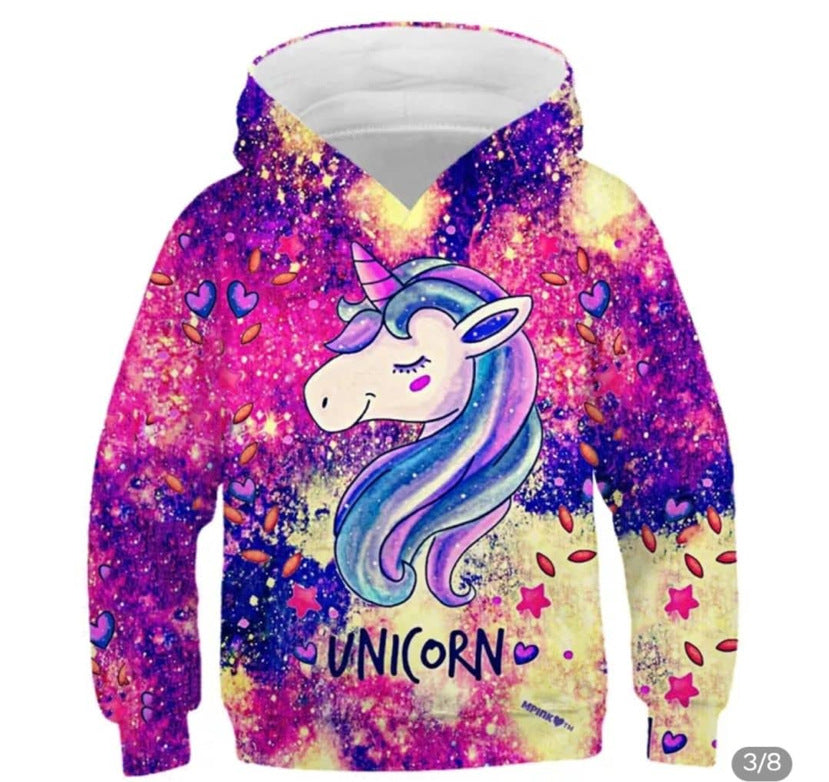 Kid Girl Cartoon Unicorn Fashionable Hoodie Pullover