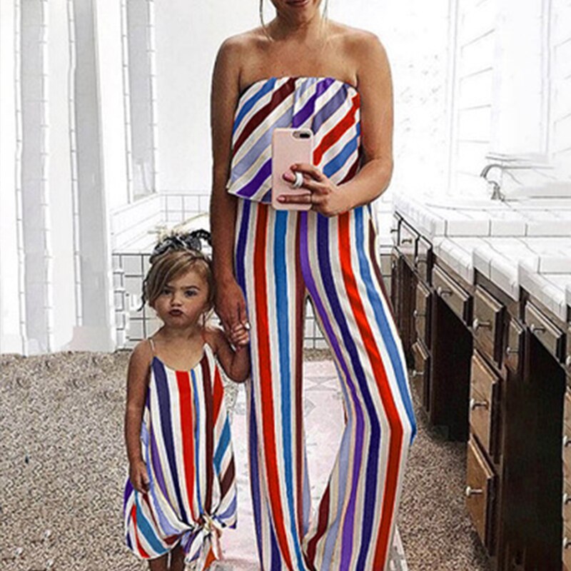 Family Matching Off Shoulder Striped Jumpsuits Dresses