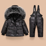 Baby Boy Girl Parka Fur Hooded Overalls Winter Down Jacket Warm 2 Pcs Sets