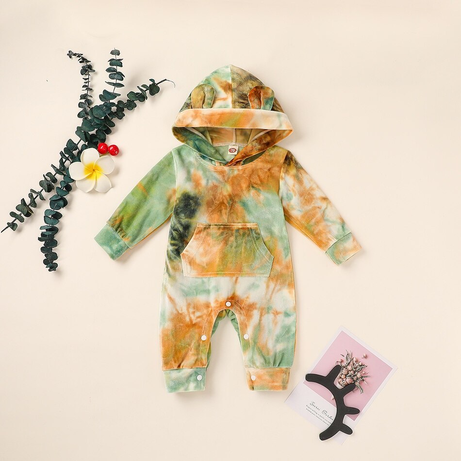 Baby Boy Girl Tie-dyed Hooded Jumpsuit Romper