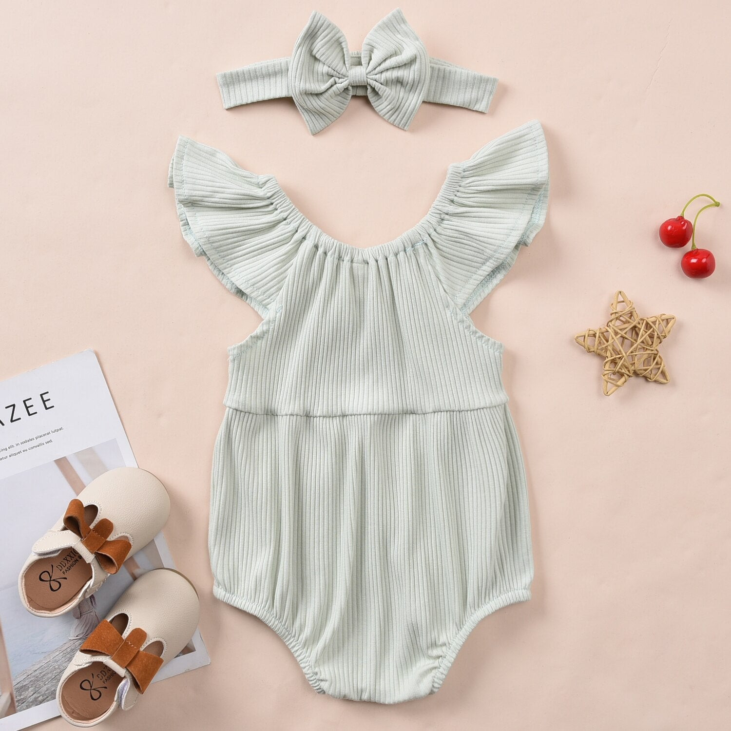 Baby Girl Rompers Flutter-sleeve Lace Romper with Headband