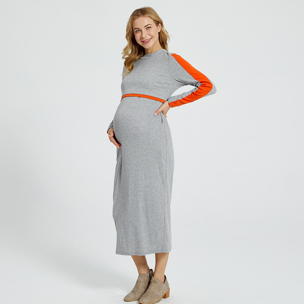 Maternity Plain Grey Midi Slip Long-sleeve Nursing Dress