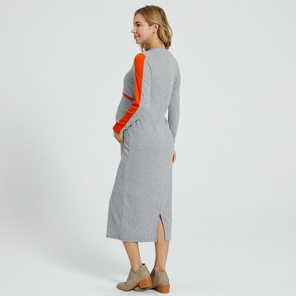 Maternity Plain Grey Midi Slip Long-sleeve Nursing Dress