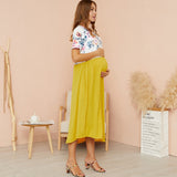 Maternity Round Collar Yellow Midi H Short-sleeve Nursing Dress