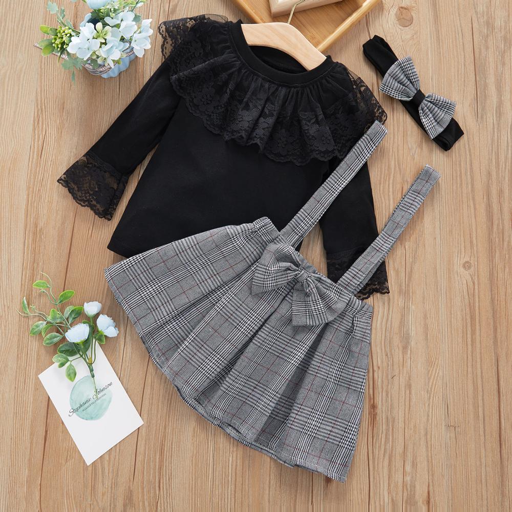 Kid Baby Girl 3-piece  Black Lace Top and Plaid Overalls  with Headband